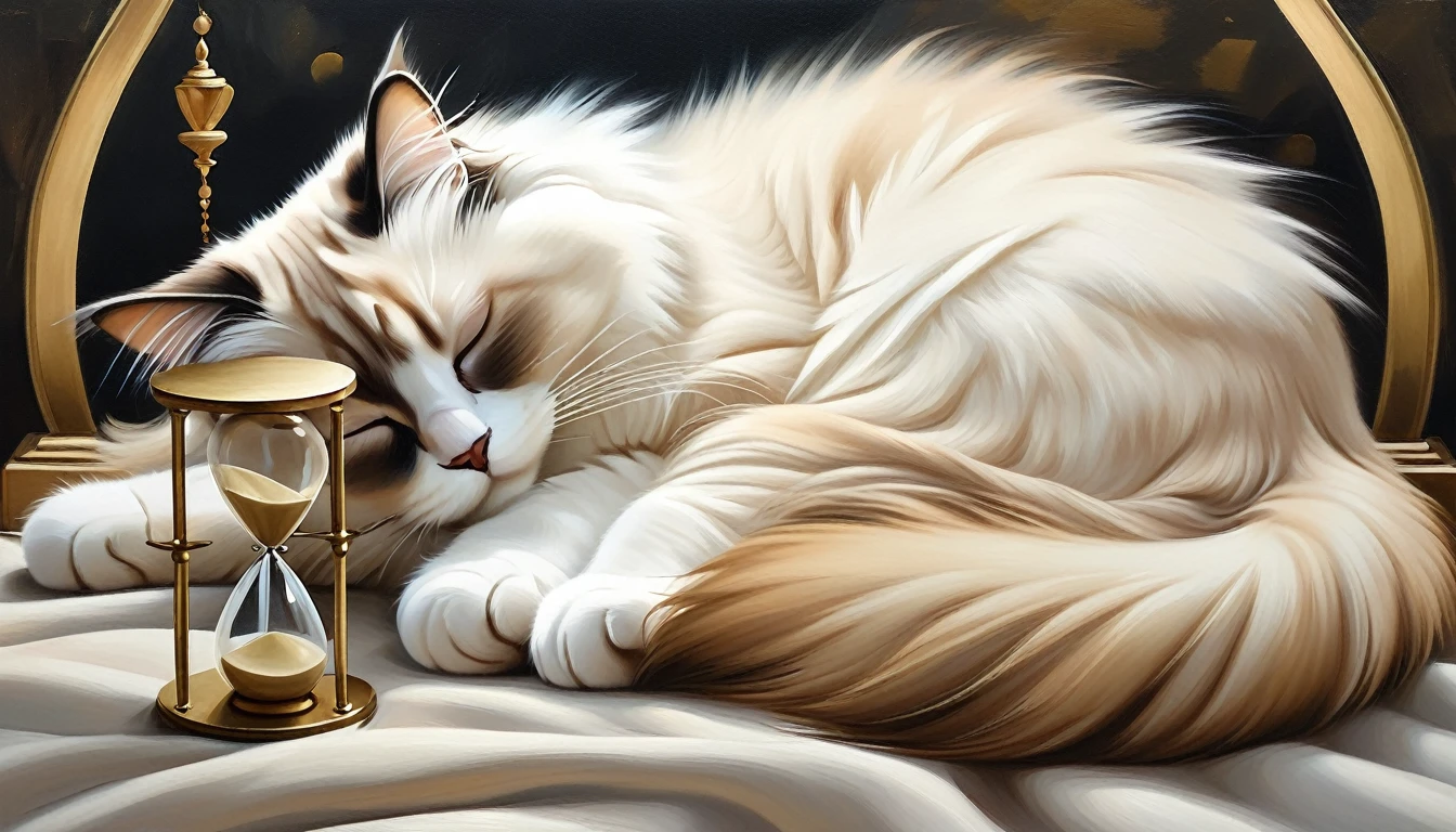 "An oil painting of a Ragdoll cat peacefully sleeping next to a simple hourglass. The Ragdoll cat, with its soft, luxurious fur and calm expression, is curled up close to the hourglass. The hourglass has a minimalist design, with smooth, elegant lines and gentle colors. The overall mood of the painting is serene and soothing, evoking a sense of tranquility and relaxation. The color palette is soft and muted, with warm tones to enhance the calming atmosphere, creating a visually comforting and peaceful image."
