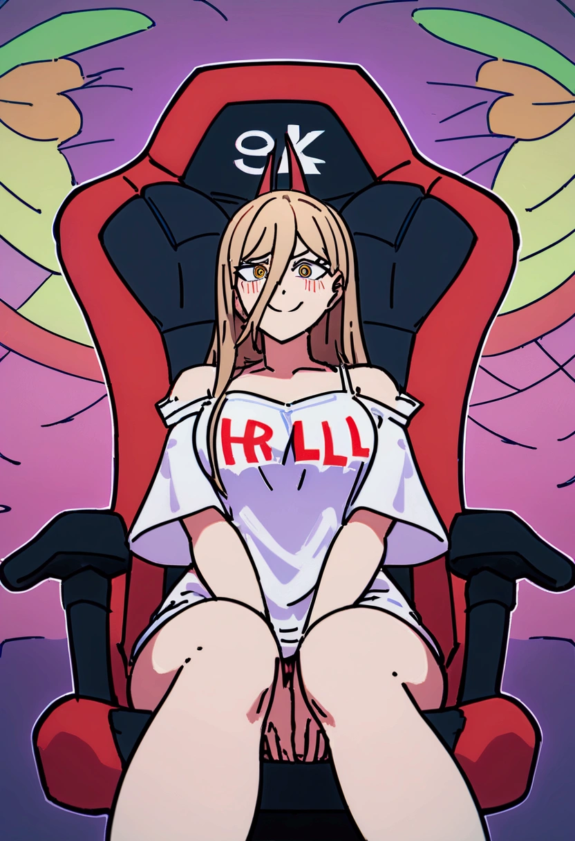 woman wearing a loose blouse that reaches her thighs, with the text "H a r l" written on the shirt,happy with a bold expression sitting in a gamer chair,  , detailed face and eyes, 8k, best quality.