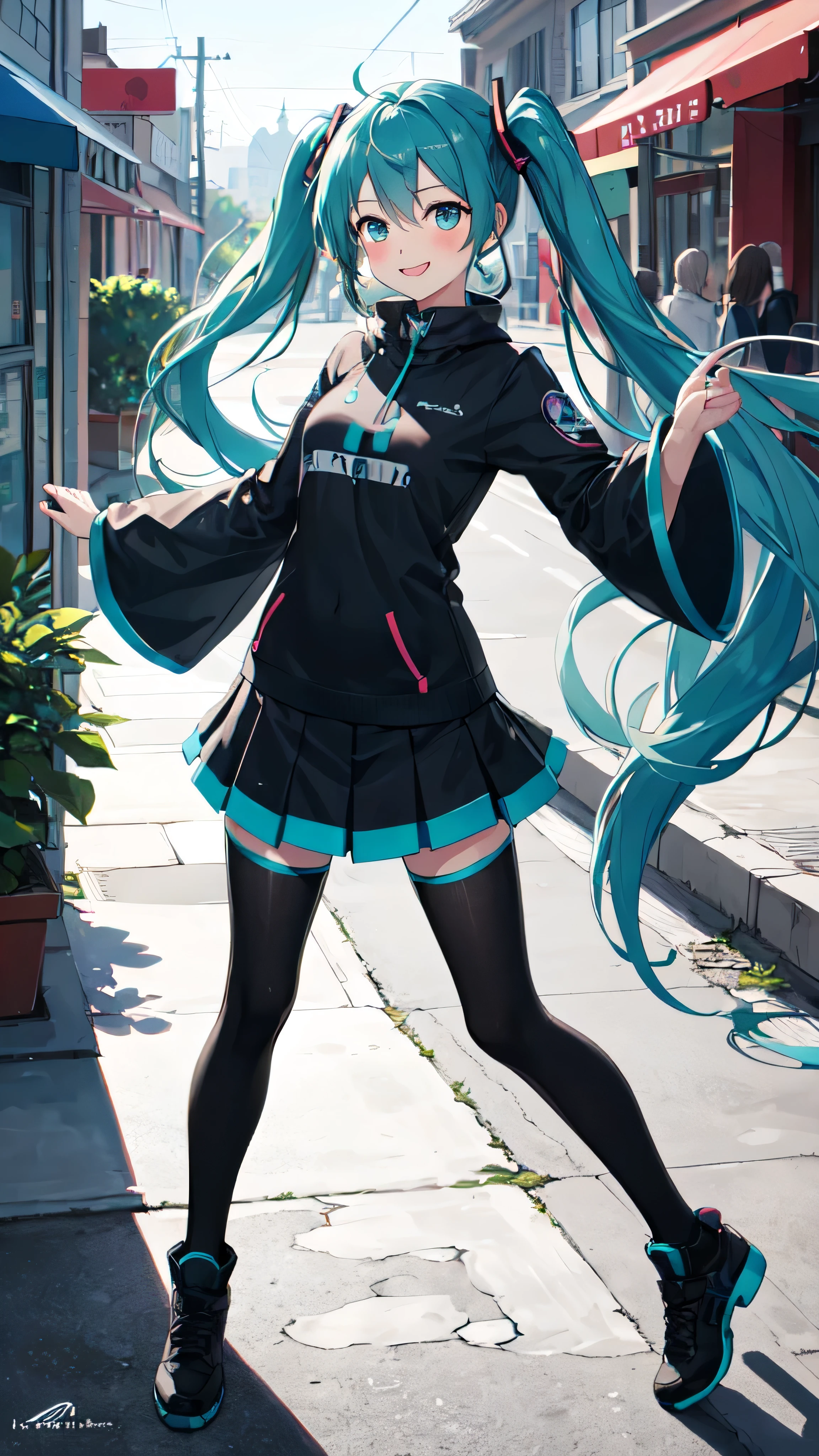 best quality, masterpiece, high resolution, solitary, (Hatsune_future_Blue File:1.10), 1 girl, Wide sleeves, Long sleeve, Looking at the audience, Heart, blush, flowering, Smile, outdoor, Residence, Print ,full-body shot,Dancing posture