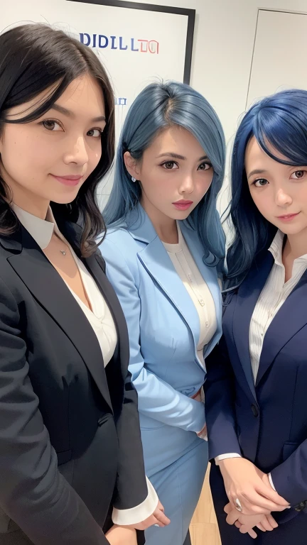 (Group photo, multiple_girl, Cute Japanese woman with perfect body, 6+girl), looking for_in_viewer, (office ladies), (masterpiece, high quality:1.2), big breasts, cleavage, suit, (smile), (office), highly detailed face, {黒いsuit|白いsuit|ネイビーのsuit|ピンクのsuit}, blue eyes, black choker