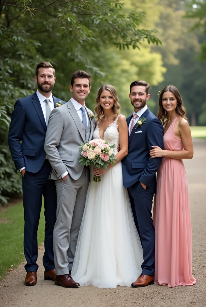 bride in white dress, groom in burgundy suit, and the groomsmen's clothes are black and the bridesmaids' clothes are pink at the wedding