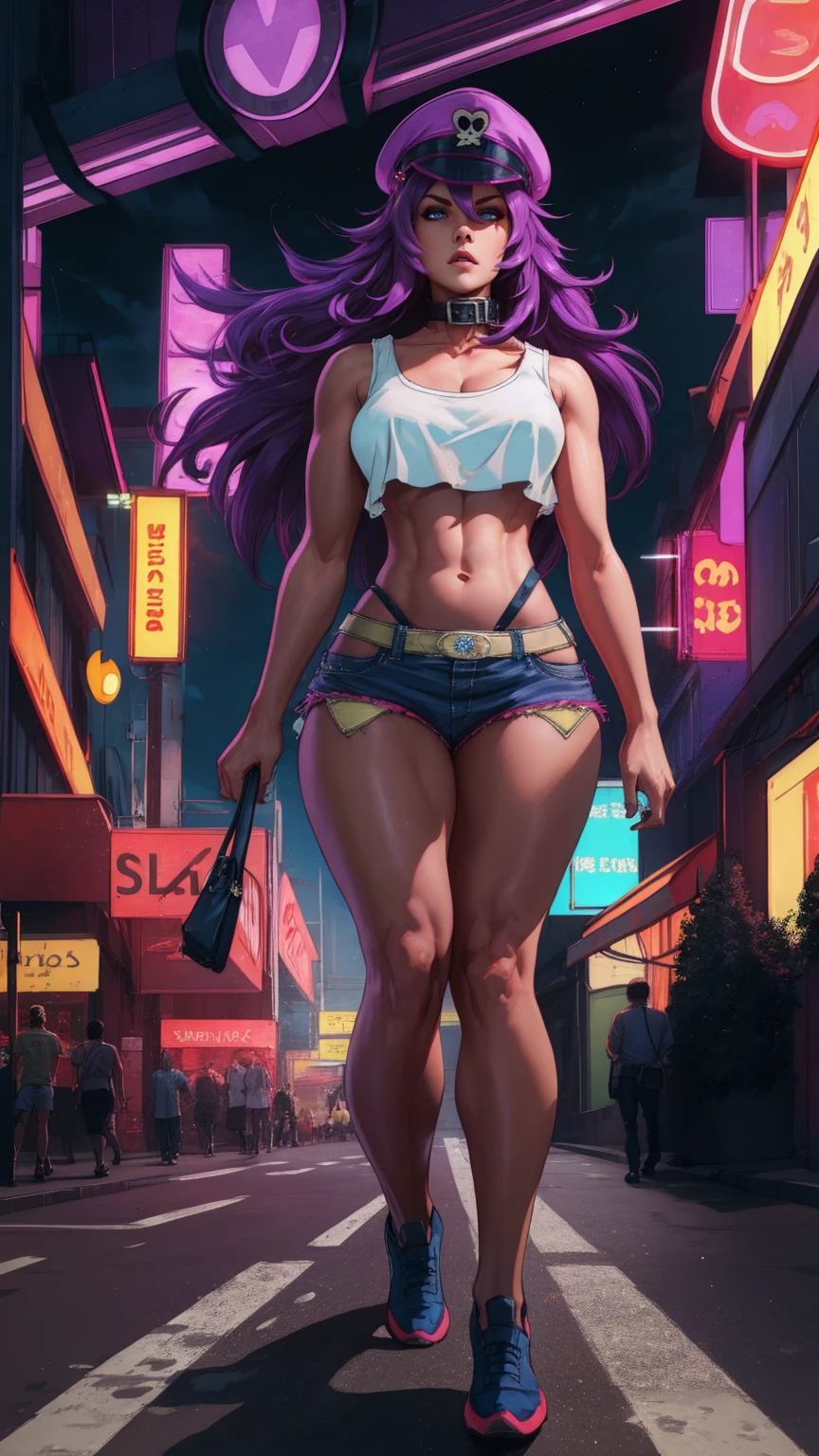 purple hair,blue eyes,long hair,white crop top,collar,short shorts, peaked cap, upper body,walking, nice shoes,looking at viewer, night,neon lights,streets, (insanely detailed, masterpiece, best quality),solo,