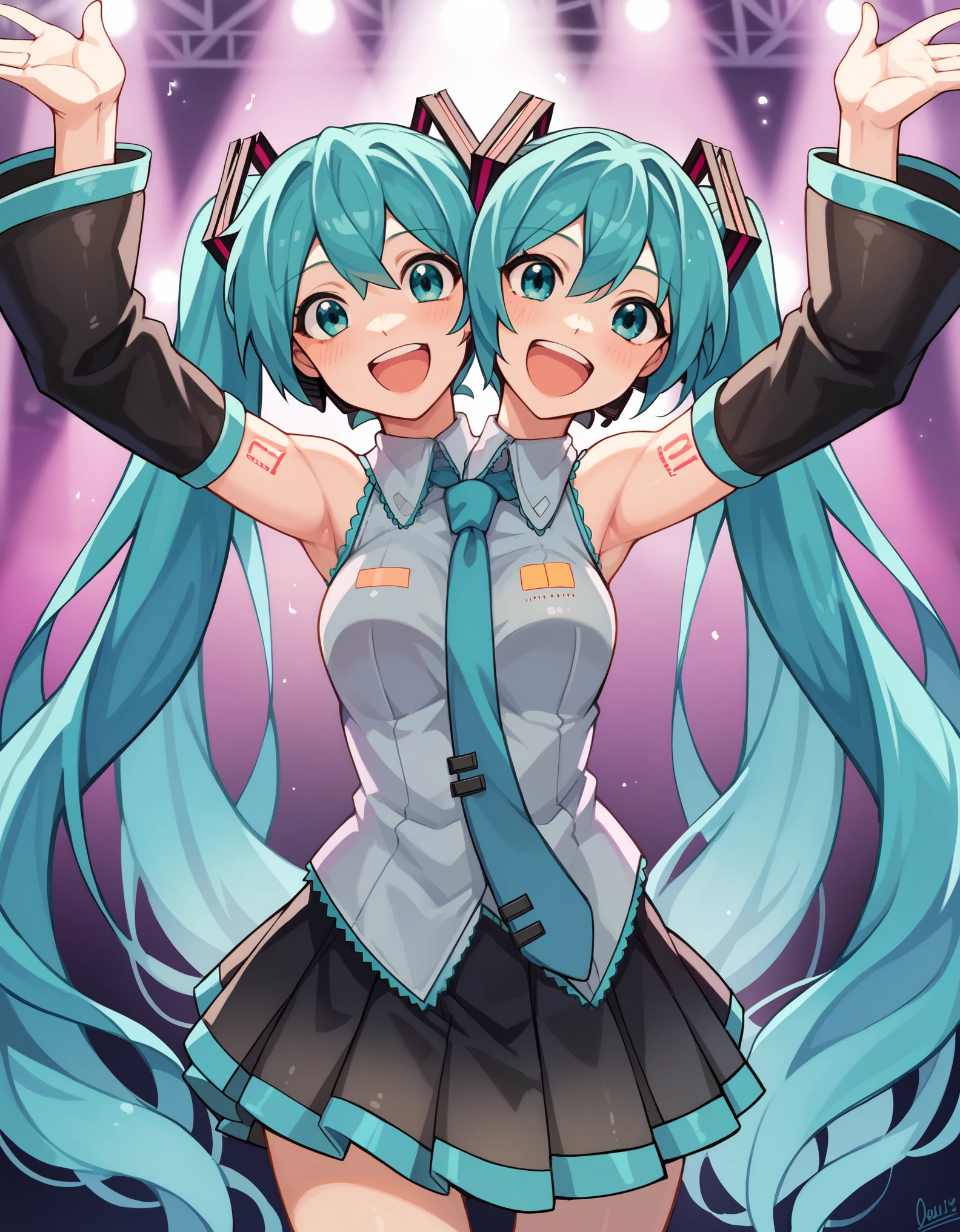 (masterpiece, best quality), best resolution, two heads, 1girl, hatsune miku, aqua hair, twin tails, long hair, aqua eyes, open mouth, smile, happy, singing, dancing, white sleeveless shirt, aqua necktie, black skirt, detached sleeves, concert stage