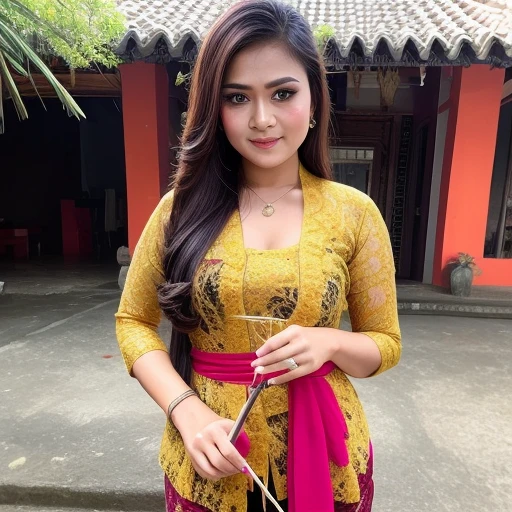 a close up of a woman with a flower in her hair,she has a cute face, her face looks like an orchid, big boob, sit down in sofa, unreal ungine 5, sakimichan, with round face, 8k selfie photograph, kebaya