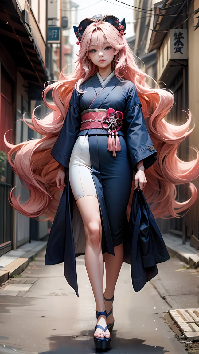 full body,complete plan,SFW,Russian princess goddess in the form of a geisha with bright blue eyes and long fluffy eyelashes of the Nordic type with a perfect elegant figure and very long hair, Fluffy and wavy bright wheat-colored hair is in full growth in the alley with the Japanese background Pink Sakura blooming on the bright navy blue kimono and the Japanese shoes that turn into a bright navy blue, girl&#39;s lace kimono has an intricate design with ultra-short frank cuts....., Through the fabric you can see small, protruding breasts and the girl&#39;s ears.&#39;s some pretty earrings with beautiful navy blue sapphires that sparkle and shine in the light..... The ground on which the girl stands is covered with cherry blossoms......, The scene is very artistic.., High resolution, sharp focus, Noon-V5 art style, hyperphotorealism, perfect proportions, Golden ratio photography., walking stick, contour, sunlight, Soft shine, soft focus, Soft focus photography style through a Monocle lens.