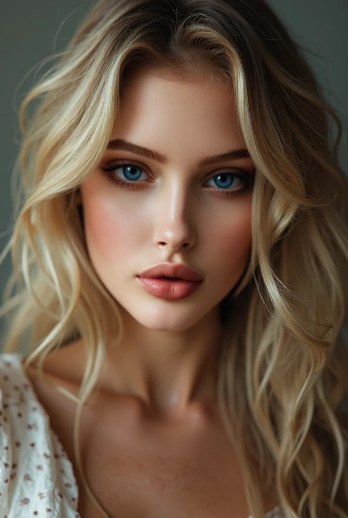 (Head to Toe angle) very , blue eyes, red lipstick, seductive, realistic wavy twirly platinum blonde hair, open white shirt, very small breasts, very small , very , beautiful sexy girl
