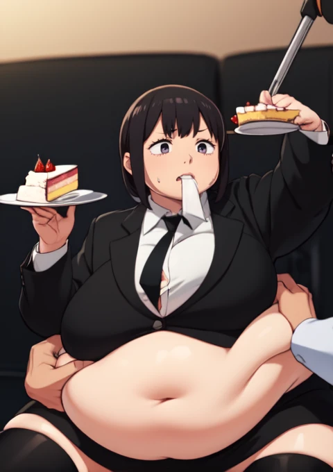 (masterpiece, best quality), 1girls, big belly, blurry background, huge belly, art by kipteitei, round belly, chubby, curvy, short hair, hair pin, black hair, kobeni, black mini skirt, thighhighs, in a living room , gradient_background, belly bursting out of black ,(((black suit jacket))), long sleeves, wearing a black tie, enormous belly, fat belly, thicc, bigger belly, really big belly, jiggly belly, giant huge belly, big enormous belly, ((((gigantic belly)))), bloated belly, fat belly, ginormous big belly, expanding big belly, sfw, safe for work, sitting on a sofa, sfw (safe for work), makima, (((a person out of frame is feeding her cake, cake is being shoveled into her mouth, her lips are closed around a slice of cake, a platter of cake, she has her mouth open wide f))), sweating, blushing, (mouth open wide, she is saying aaah), ((her belly is being grabbed and played with by floating hands)), she is restrained to the sofa, she is being force fed, exposed midriff 