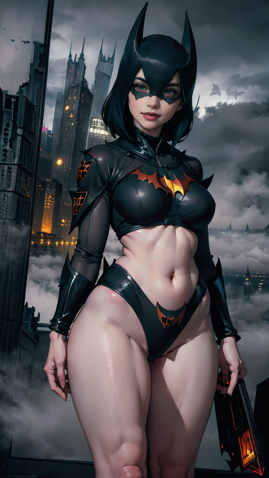 8K, Masterpiece, Raw Photo, Highest Quality, Photorealistic, High Definition CG Unity 8K Wallpaper, Depth of Field, Cinematic Light, Lens Flare, Ray Tracing, Full Body Portrait, (Extremely Beautiful Face, Beautiful Lipatwoman costume (exactly Batwoman), short black hair and brown eyes, town, futuristic city, Asian woman, no mask, mask less