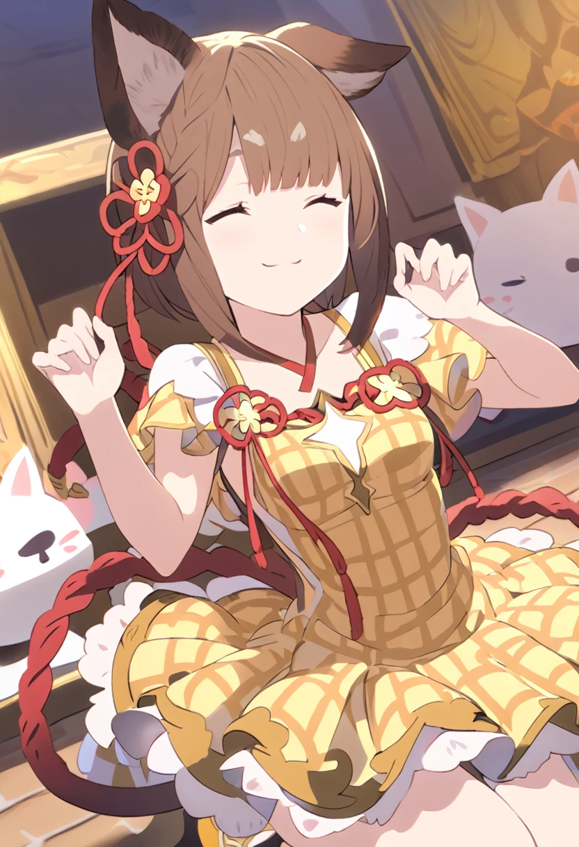 Masterpiece、pretty girl、Granblue Fantasy、Vajra、Cat ears and tail、Cute single tusk、Very small breasts、Brown Hair、An innocent smile、Fun pose、Yellow checked dress