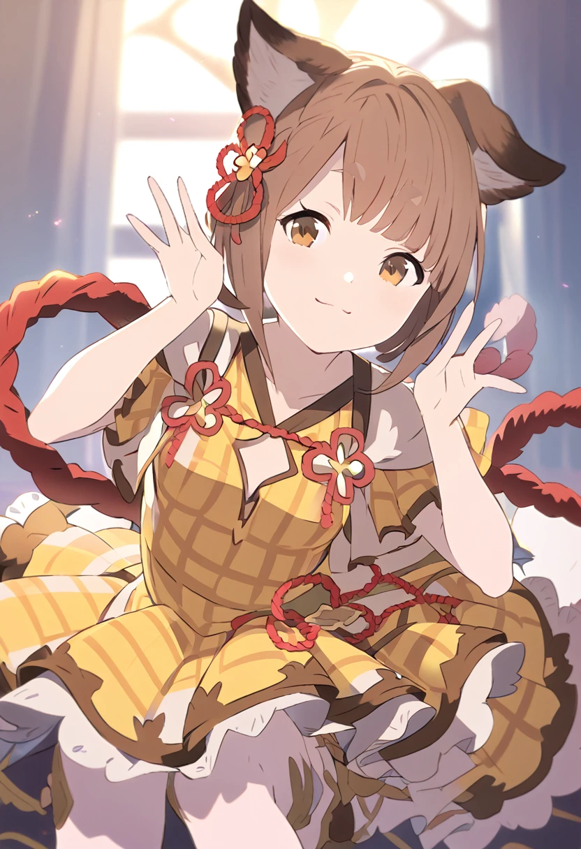 Masterpiece、pretty girl、Granblue Fantasy、Vajra、Cat ears and tail、Cute single tusk、Very small breasts、Brown Hair、An innocent smile、Fun pose、Yellow checked dress