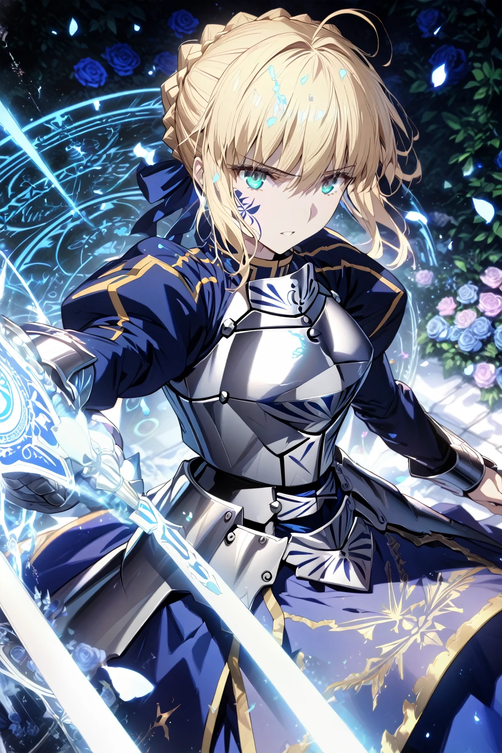 absurdres, highres, ultra detailed, HDR, master piece, best quality, extremely detailed, detailed eyes, detailed face, Artoria Pendragon, Saber, blonde hair, expressive turquoise eyes, Fate Stay Night, solo, woman, beautiful, blue dress, silver armor, magic circle, garden, green leaves, blue petals, blue roses, fantasy, magical