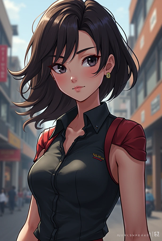 (masterpiece, best quality: 1.2), cowboy shot, solo, 1girl, yaoyorozu momo, anime screencap, city, long hair, black hair, gray eyes, looking at the viewer, lustful, closed mouth, ass, wide hips, short shirt, short shorts, unbuttoned shorts, squatting, legs apart, erotica, back