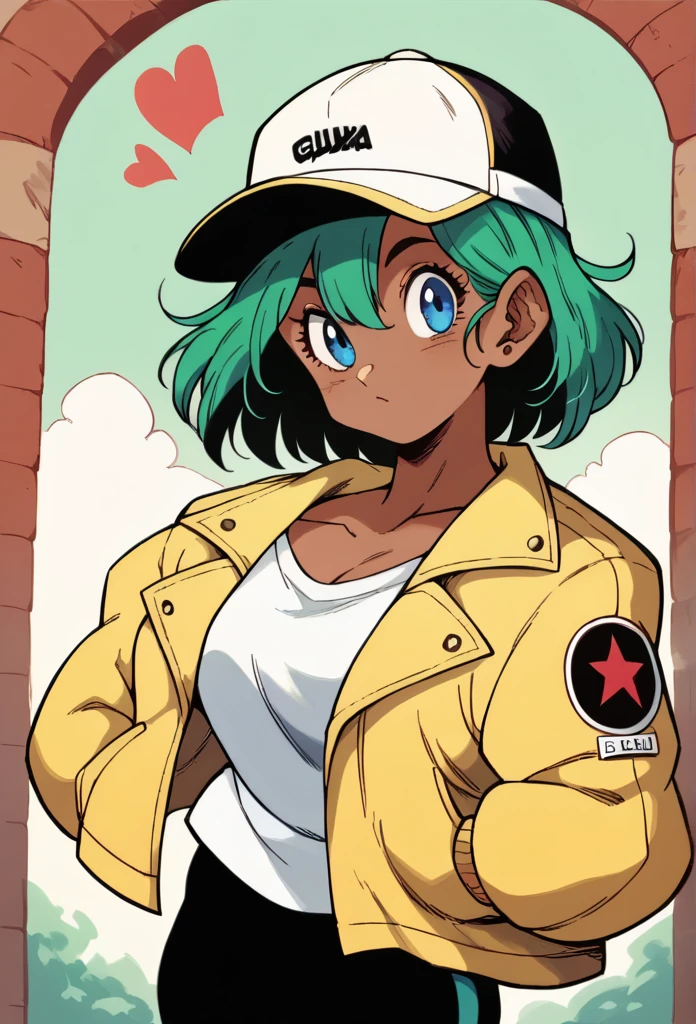 1 woman dark skinned woman, blue-green hair, medium length hair, Yellow jacket closed with cap,, black pants, blue eyes,Curvy body 