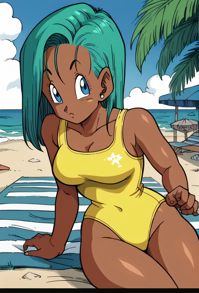 1 girl, dark skinned woman, blue-green hair, medium length hair,  On the beach, yellow swimsuit,blue eyes,