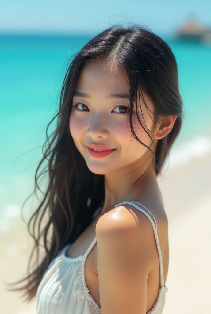 (grainy:0.5), cinematic, girl, (solo:1.3), detailed eyes, detailed face, volumetric lighting, extremely detailed background, smiling, half closed eyes, from side, beach, bikini,
