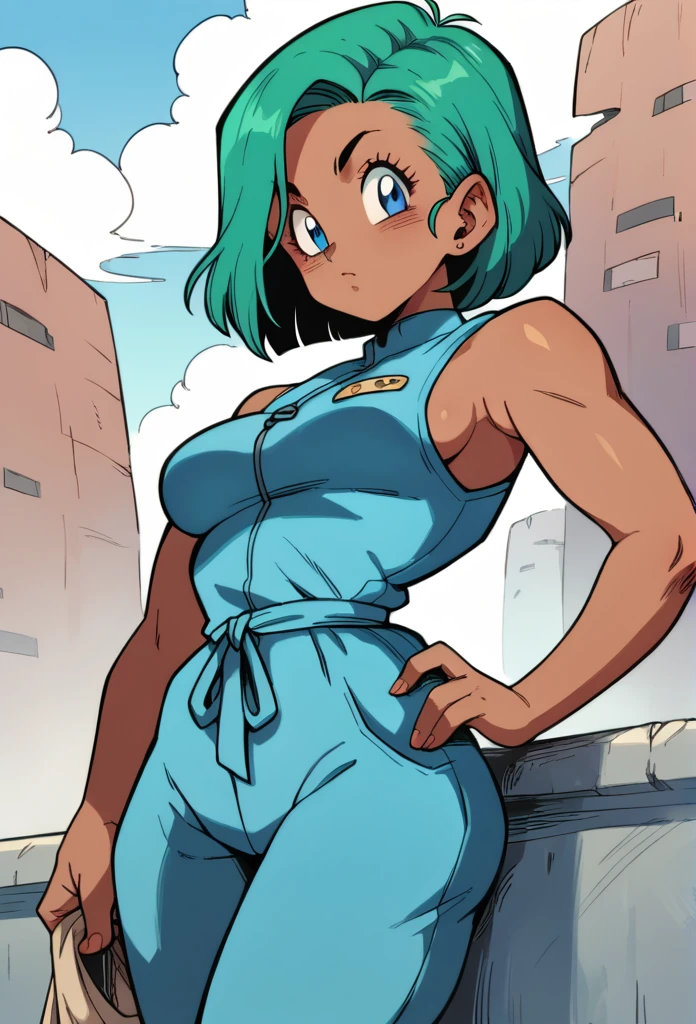 1 girl, dark skinned woman, blue-green hair, medium length hair,  blue jumpsuit, blue eyes,Curvy body 