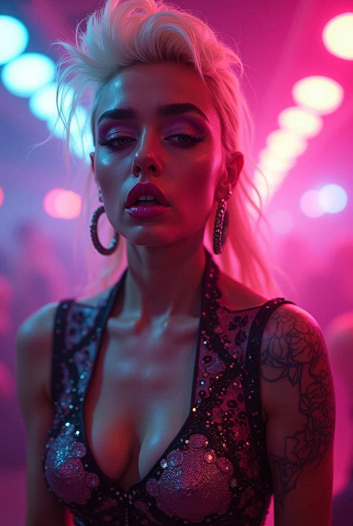 blond woman, young, naked, very curly mullet, septum piercing, dimples, thick collar around neck, naughty expression, woman laying on floor, transparent shiny latex bodysuit, neon lights, close-up, UHD, retina, masterpiece, accurate, anatomically correct, textured skin, super detail, high details, high quality, award winning, best quality, highres