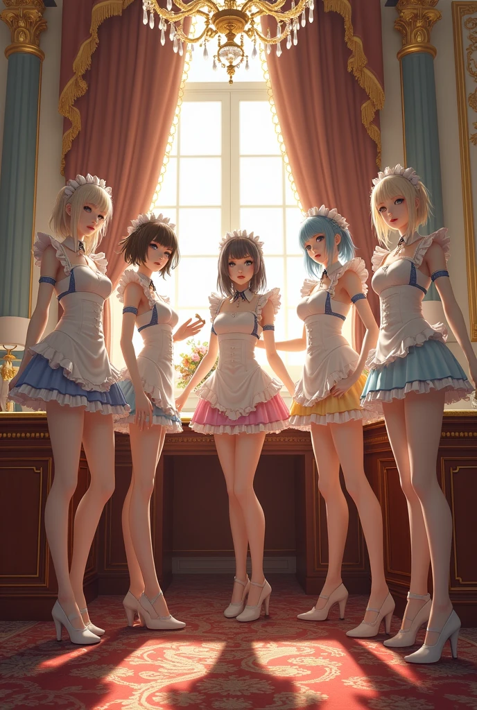 (masterpiece, best quality), high contrast, (4girls:1.2), anime wallpaper, lineup, Multiple_girls, idol outfits, (long skirt, frilly skirt:1.1), (from behind:1.2), stage, stage lights, concert, (crowd:1.1), dynamic pose, standing, woman, (headphones:1.1), (jacket, off shoulder jacket, sleeveless top:1.1), collared top, short hair, medium hair, sharp focus, light particles, (wide shot), sfw, detached collar, backboob, pantyhose, masterpiece, main stage, Korean girl band, mini dresses, crowd, cinematic, 5girls, lineup, Group_picture, multiple girls,