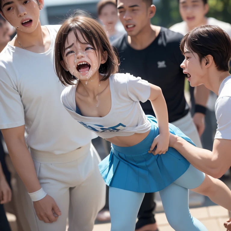 1 Realistic young japanese cute girl,3boys,(((a very cute japanese anorexic woman is playing judo with multiple men at the same time:1.5))),(((wrestling each other))),(((man istackling her:1.7))),(((man is holding girl:1.5))),(((man is pushing down girl:1.5))),(((wearing blue leggings,white t-shirt,blue micro mini skirt:1.5))),Inside dark warehouse at port,at night,4K, 8K, (Masterpiece, best quality:1.2),Very realistic eyes, perfect face,20years old,thin girl,((skinny girl)),slim girl,small girl,childish girl,(((flat chest))),(((small breast))),white skin,short twin tail hair,(((open mouth:1.3))),(((surprised:1.3))),(((crying:1.3))),(((dynamic motion:1.5)))