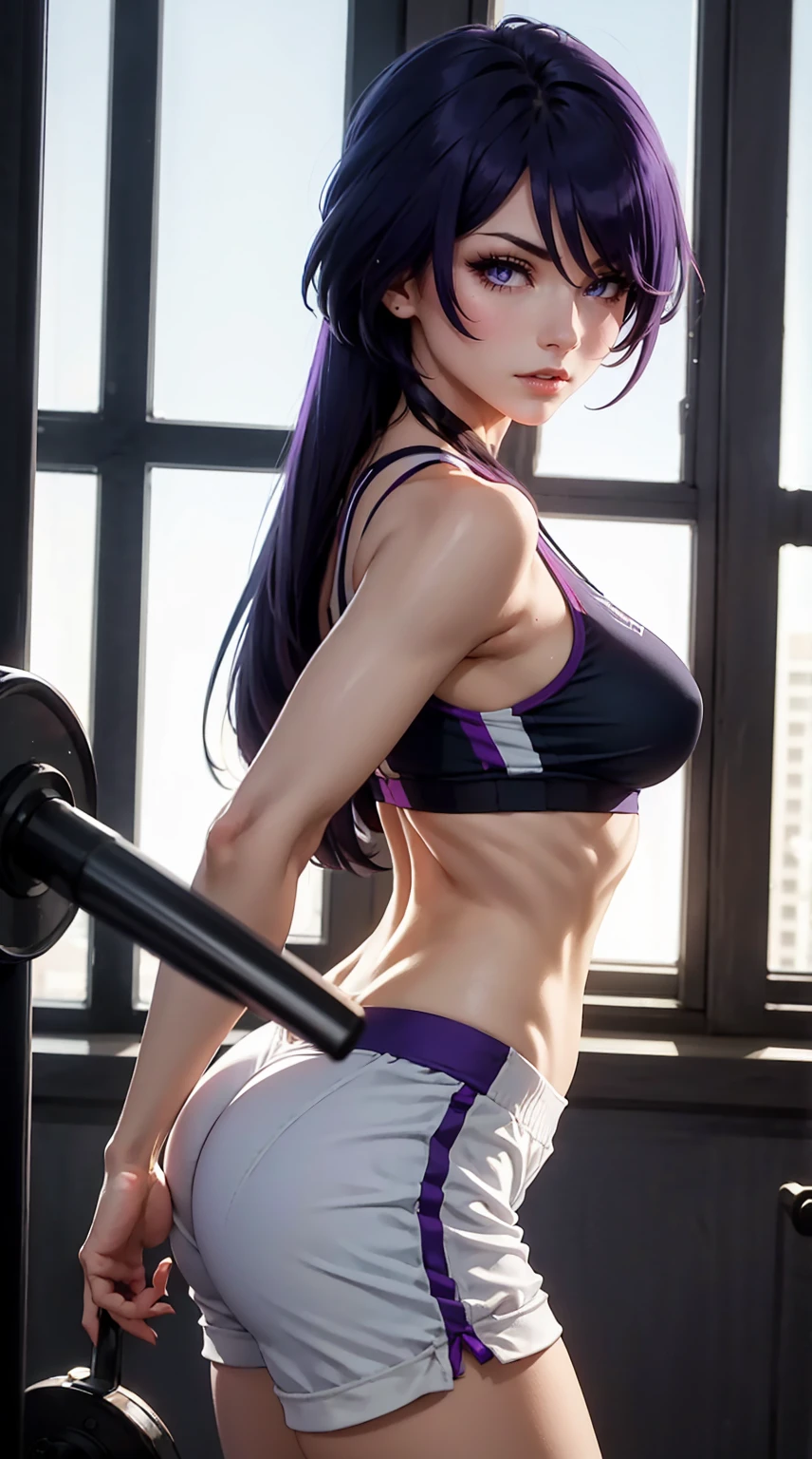 Beautiful purple hair woman is shown to have a sexy figure, she is wearing a sports bra and High-Rise Scrunch Seamless Shorts, sexy look, sharp cat eyes, ass first, girl at the gym, sexy session, sexy pose, cowboy shot, superior quality, many details, realistic