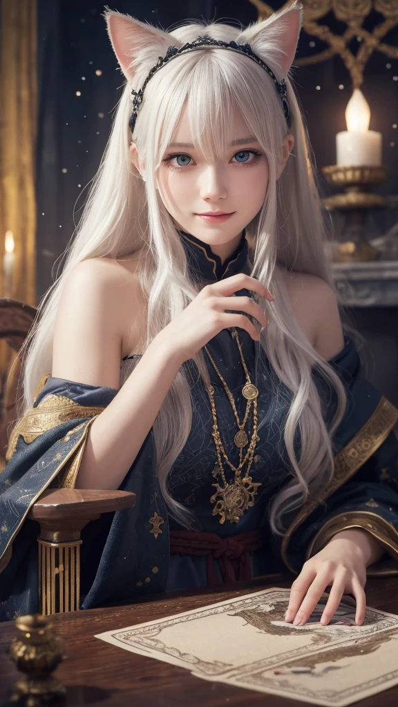 (masterpiece, highest quality, highest quality, official art, beautiful and aesthetic: 1.2), (one girl: 1.3), wavy long hair, white hair, Cat ears on the head,highly detailed portrait, highly detailed hands, looking at the viewer, alone, (whole body: 0.6), detailed background, close, shining eyes, (cold arctic winter theme: 1.1), fortune teller, Charlatan, grin, Mysterious, sitting at the table, カラフルな肩のないゆるいジプシーfortune tellerの服, holy grail, tarot cards, Crystal jade, Medieval (inner tent: 1.1) background, tent curtain on background, dark Mysterious lighting, Shadow, magical atmosphere, starry night, dutch angle, healing and guidance, transcendental beauty, fractal art, Seaweed,