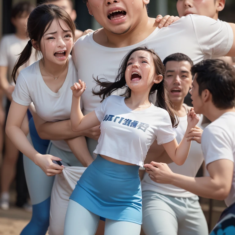 1 Realistic young japanese cute girl,3boys,(((a very cute japanese anorexic woman is running away from men:1.5))),(((some Japanese men are chasing girl:1.5))),(((wearing dark blue leggings,white t-shirt))),around in park,4K, 8K, (Masterpiece, best quality:1.2),Very realistic eyes, perfect face,20years old,thin girl,((skinny girl)),slim girl,small girl,childish girl,(((flat chest))),(((small breast))),white skin,short twin tail hair,around lake in park,at dusk,(((open mouth:1.3))),(((surprised:1.3))),(((crying:1.3))),(((dynamic motion:1.5)))