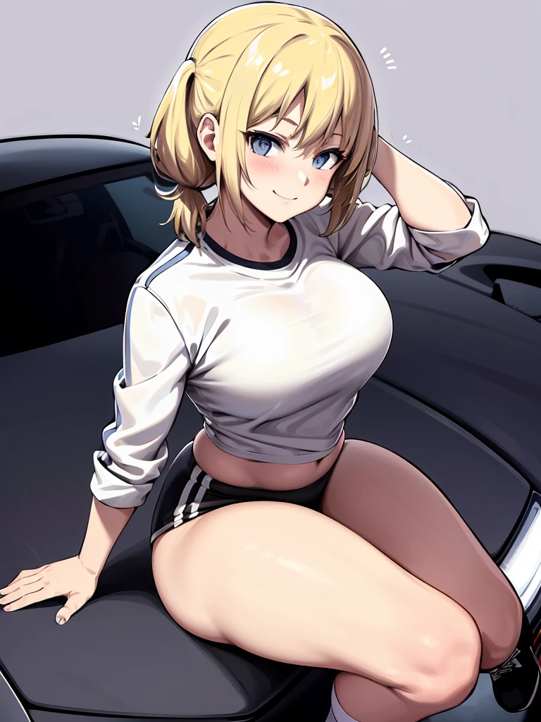 masterpiece, best quality, ultra-detailed, illustrator,1girl, short hair in blonde pigtails, Wearing a white top, Red and white racer jacket, Short black sport pants, white shoes, blush, big breasts, Big thigh, Look to the Lower, simple background, solo, very sexy, shy expression, cute, white background, Smiling cute, Facing sideways pose sitting on the hood of a car, Nissan skyline r34, View from the front above