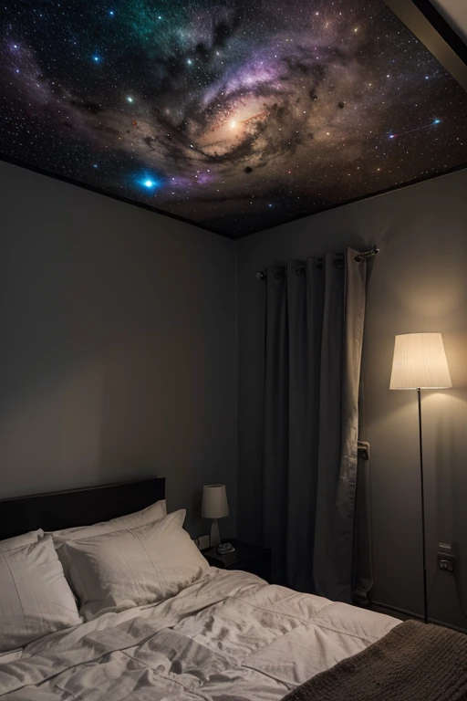 a nude blonde woman with long, straight hair sitting on a bed in a space-themed room. She has fair skin and blue eyes, with a serene and confident expression. The woman is positioned with her legs spread, sitting against a red wall, and is illuminated by natural light coming from a window to her side. Outside the window, a mesmerizing view of a colorful nebula and starry sky is visible. The room has a simple, modern aesthetic with a focus on the woman and the cosmic scenery. The style emphasizes clean, vibrant colors, and realistic shading to give a magnificent ultra photo realistic image, 8k, slutty, smiling