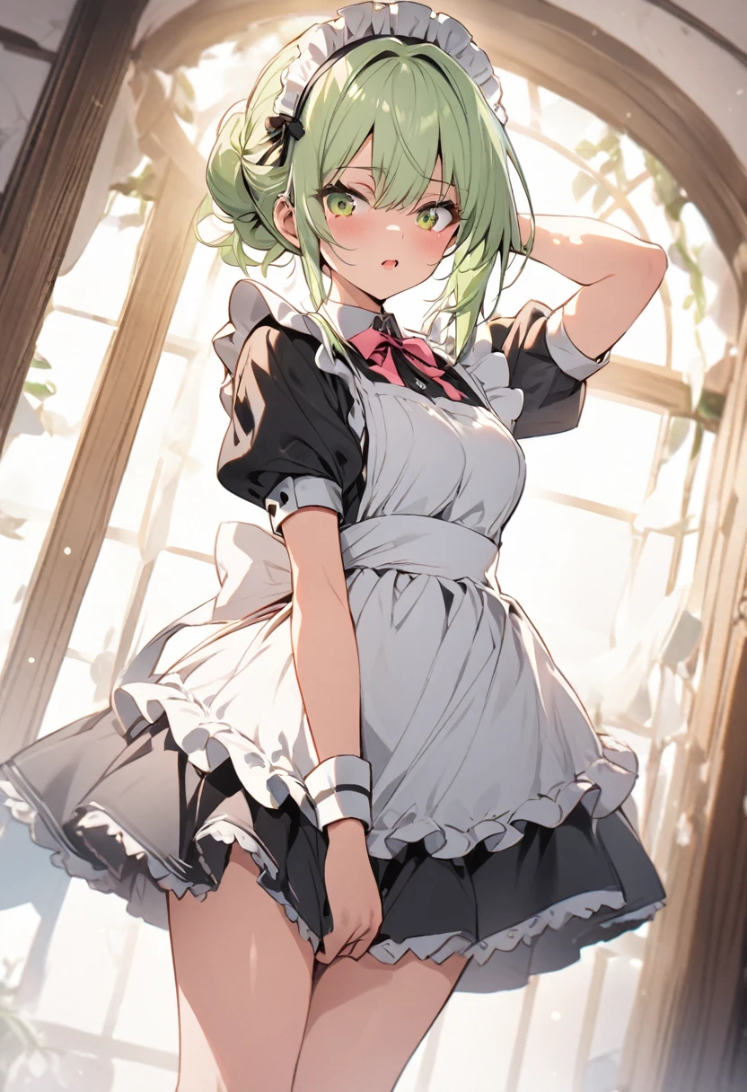 1 girl, cute, young, green hair, bob haircut, green eyes, maid, thigh high, {{{{{{{{excessive cum}}}}}}}}, bukkake,