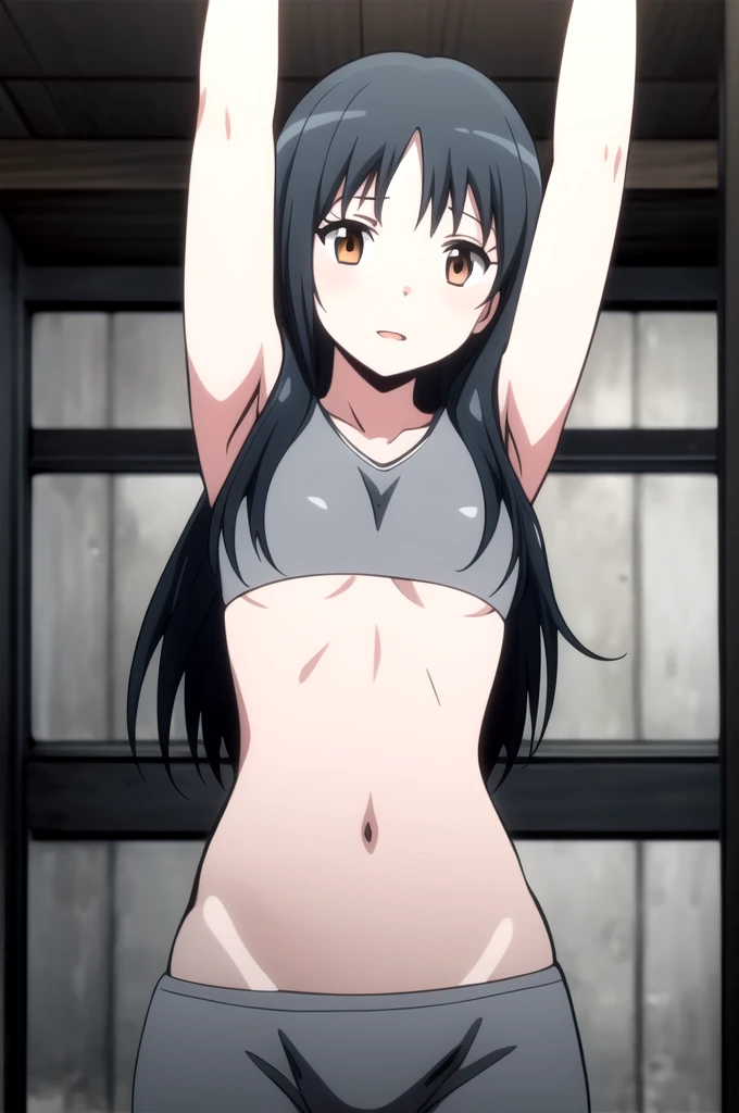 anime,Armpit sweat,Shyness,clear,High exposure,Having my armpits licked,His arms are tied and he is hanging from a rope,A man is groping her breasts,Sitting cross-legged,whole body,Slender body,Topless,Nipples are erect