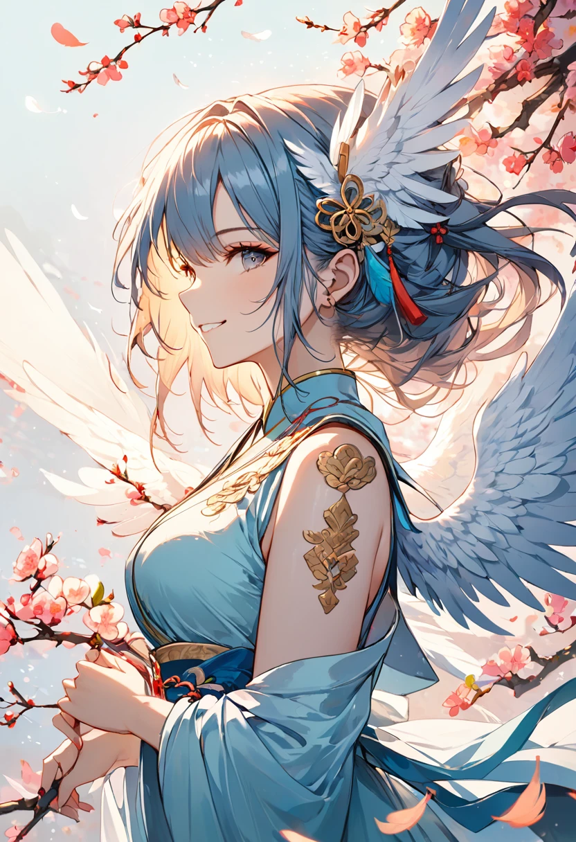 1girl,grin,Oriental elements，spring, (Light blue dress:1.2)  ,White feathers , profile,extended wings, Splashmotion,masterpiece,best quality,very aestetic