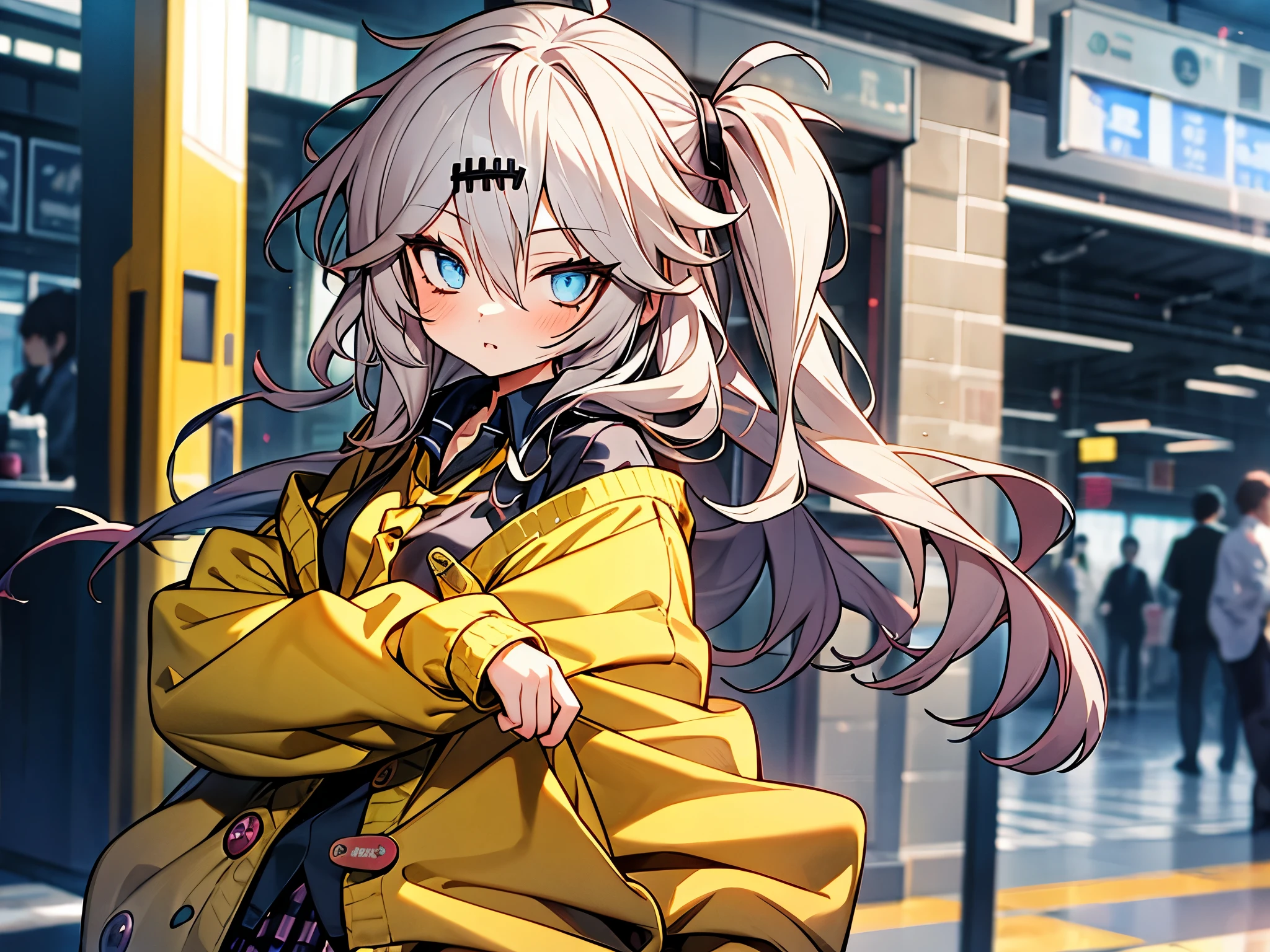 masterpiece, Best Quality, Perfect Face, Highest Resolution, Best Quality,Detailed depiction of the eyes, 8k, kasukabe tsumugi, One Girl, Black shirt, Yellow tie, Yellow cardigan, plaid skirt, Train Station