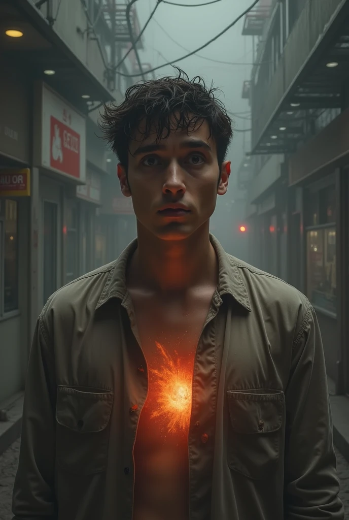 Young Strong Man, with medium hair that covers her eyes, his eyes are black and bright red, he is wearing a destroyed black shirt, white pants and black gloves that only cover half of his fingers, he has a bright yellow hole in his chest with some blood marks 