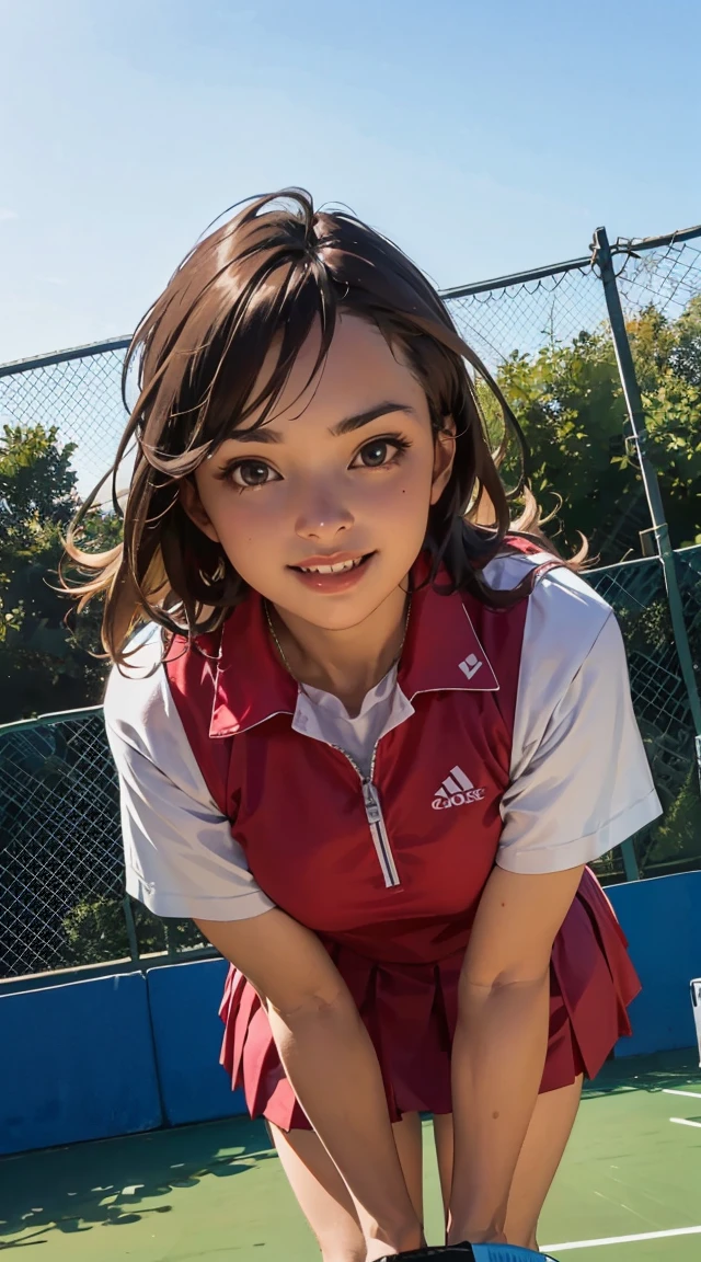 Woman smashing on outdoor tennis court、(Realistic、Like a photograph、Live Action、, Realistic, RAW Photos, Best image quality: 1.4), Single-lens reflex camera、RAW Photos, Highest quality, Realistic, Very detailed CG Unity 8k wallpaper, Written boundary depth, Cinematic Light, Lens flare, Ray Tracing, Realistic background、Many people:1.4、(Tennis Player:1.4、Tennis uniform:1.3、Toned body)、((Ultra-dense skin))、 woman,Cute Japanese Tennis Player、((Smash stance、((whole body:1.5))、During the game:1.1、Serious expression on the court))、Pink inner color hair、short hair:1.2、tie your hair with a hair clip、I like that style、stylish、Very detailed、Pay attention to the details、Perfect outfit、(Sunburned skin)、Beautiful legs:1.1、View from below