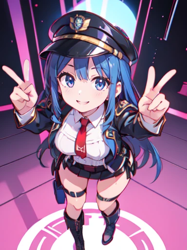 Miniskirt Police、Police themed costumes、Long Straight Hair、Police hat、revolver prop、Standing pose、Looking up、Confident and bold、Shiny blue boots、The charming Tifa Lockhart、Yoshitomo Nara、tits、