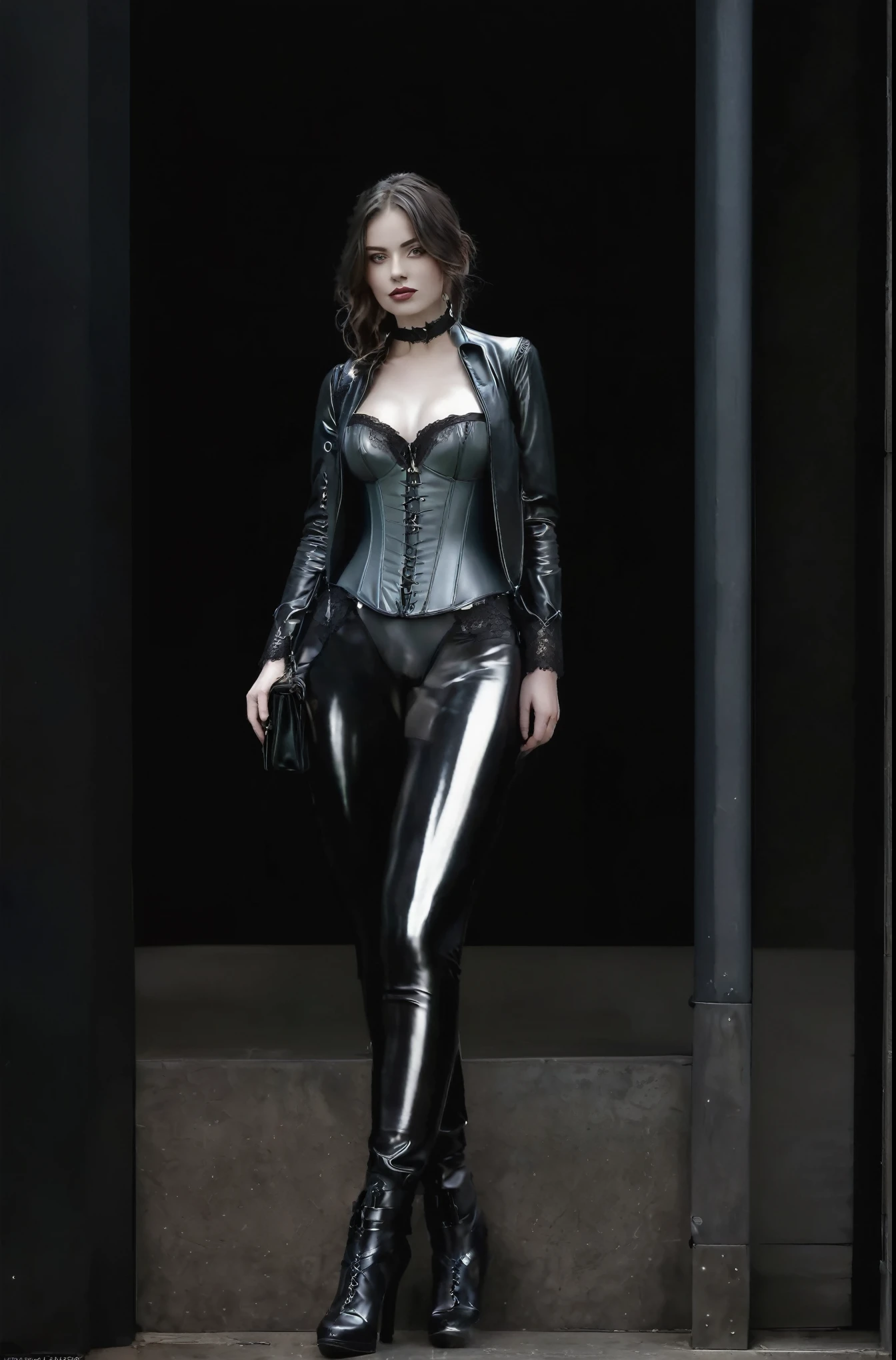 High resolution, Girl in full body latex suit, Lace details on the neck and end of the sleeves of the Victorian corset and a leather jacket., The young woman carries a very feminine bag..Realistic full body image with dark boots on feet.