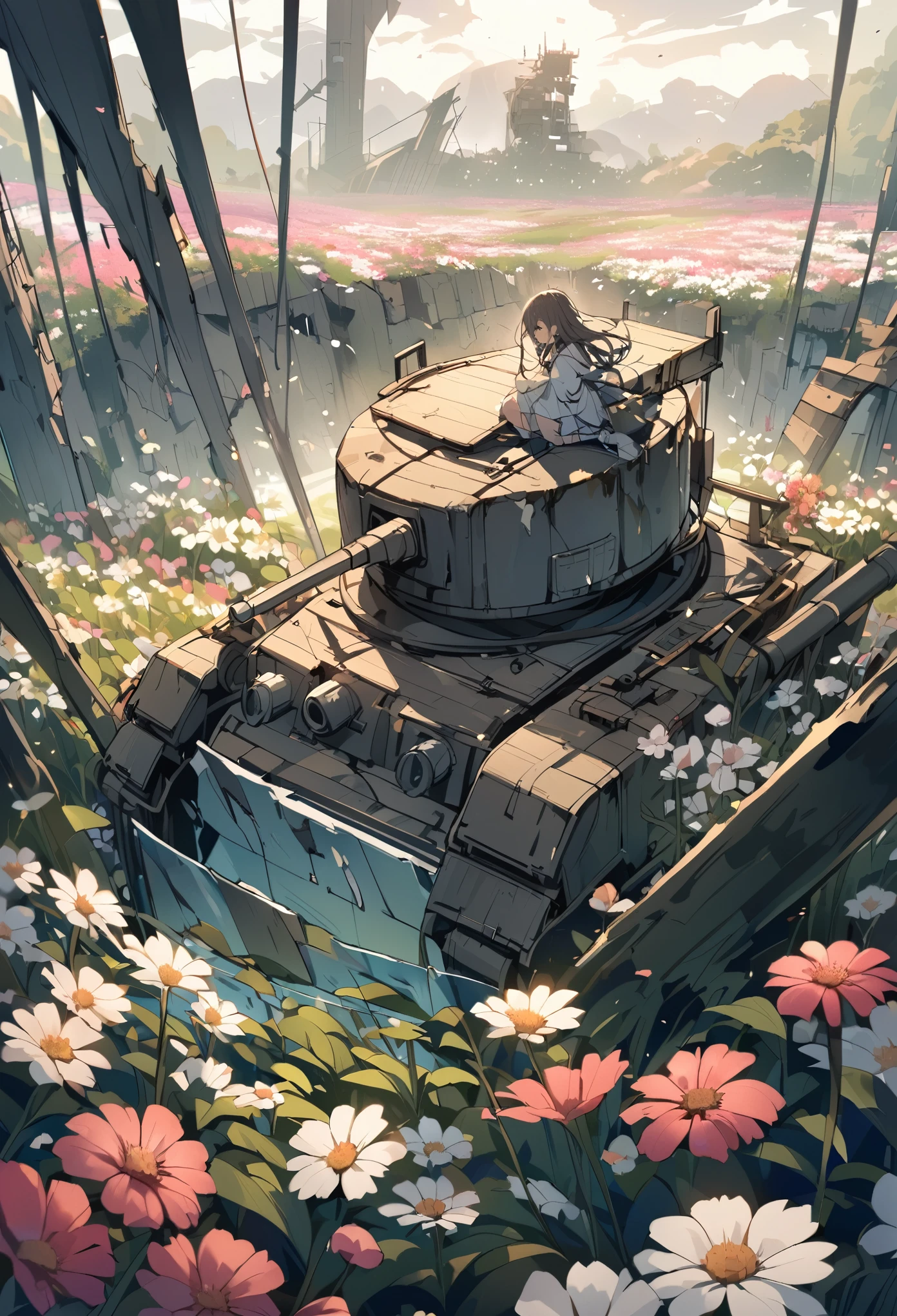 ((Masterpiece)), ((Best Quality)), (Very Detailed), ((Very Detailed)), 4K, (8K), very aesthetic, absurdres highres, 1 boy, (anthropomorphic Rabbit, furry, kemono:1.5), An innocent boy is playing with a radio-controlled armored tank on the lawn in the garden. Natural light illuminates the lawn and the boy, and flowers are blooming around him.