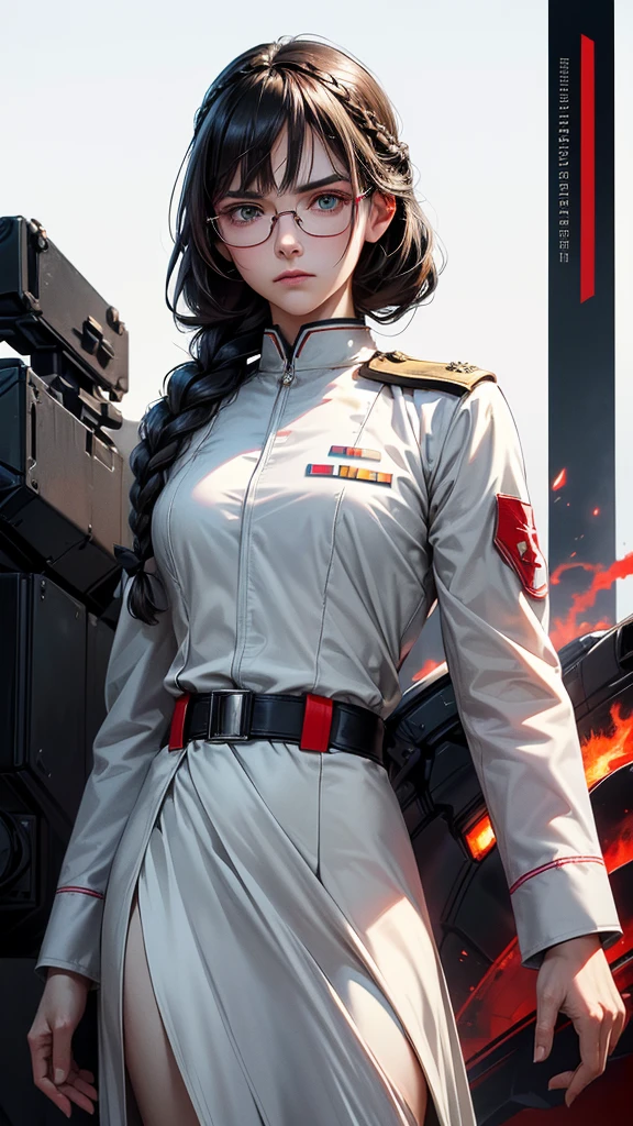 Movie Trailer Cover,National Flag,Film Reference Foundations,Science Fiction,English,(Realistic Face Resolution),(Movie Poster : 1.5), Science Fiction, Sci-Fi, War, 3D Face, Most Realism Resolution, Beautiful Effects, CG Best,More Than One,Serious Face,Serious Face,Backgrounds Image,White Dress,(Wearing German World War 2 General Uniform),Woman,Adult,Age 28,Small Breasts,Skinny,Green Eyes,Black Hair,Double Braided Hairstyle,Bangs,Red Glasses,Fighter Plane,Military,Air Force,Army Greatness