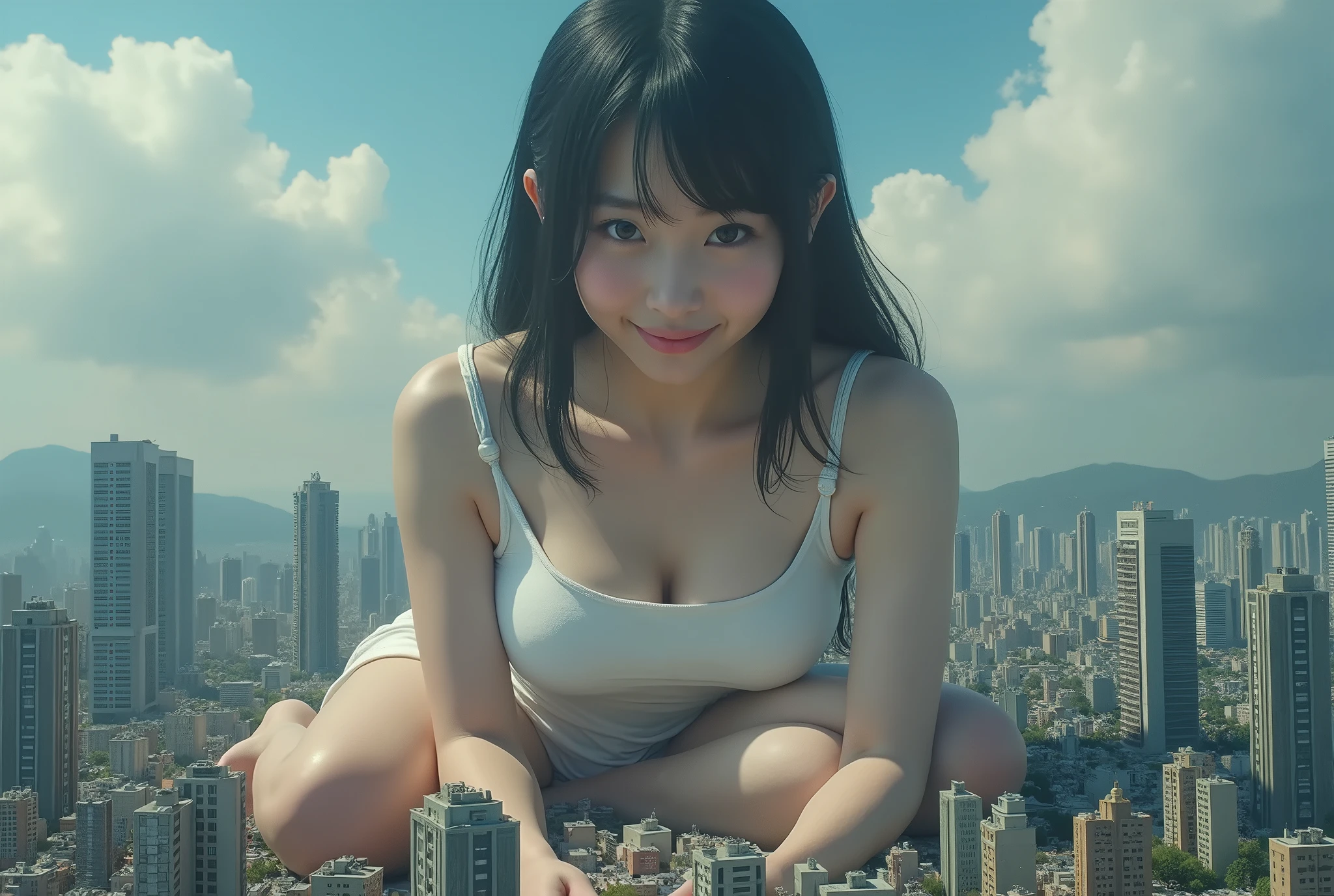 Top quality, ***********, **li, 7 *********, smile, happy, white bikini, full body, black hair, cute, (when viewed from above), ((big city)), ((1500m giant girl)))), white panties