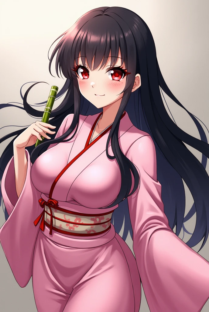 masterpiece, (pink kimono), seductive face, good lighting, low-cut, fine details, masterpiece, glowing eyes, 1girl, black hair, gag, bamboo, Nezuko Kamado, wisteria background, masterpiece, best quality, POV, whole body, wide hips,avrage tits,show tits