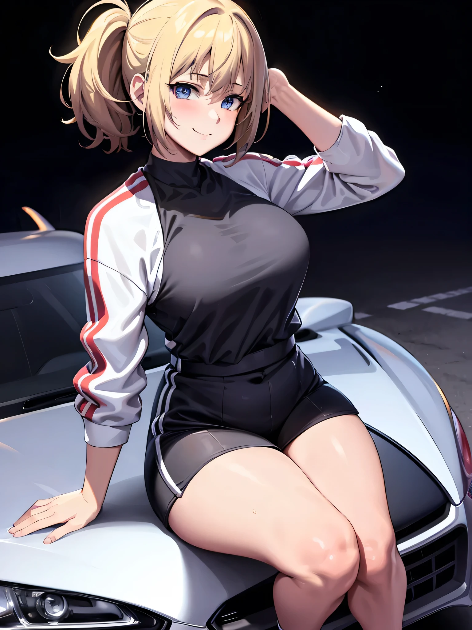 masterpiece, best quality, ultra-detailed, illustrator,1girl, short hair in blonde pigtails, Wearing a white top, Red and white racer jacket, Short black sport pants, white shoes, blush, big breasts, Big thigh, Look to the Lower, simple background, solo, very sexy, shy expression, cute, white background, Smiling cute, Facing sideways pose sitting on the hood of a car, Nissan skyline r34, View from the front above