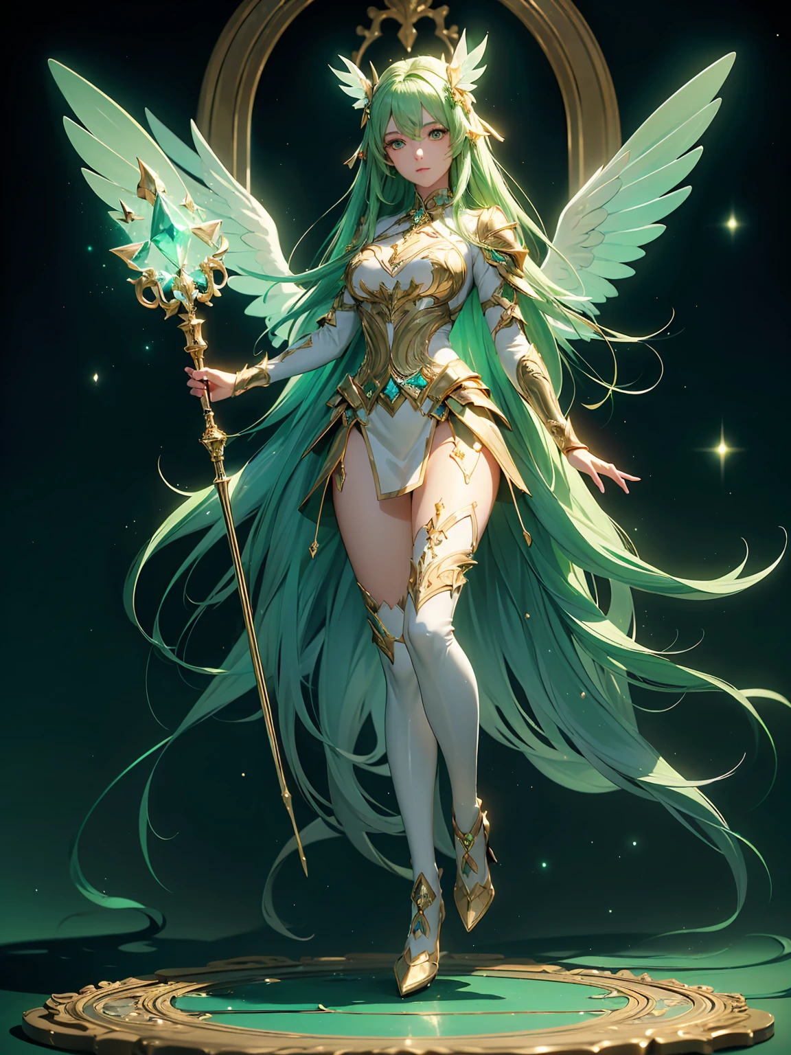 (((masterpiece, best quality, high detailed, 16k))) (1girl) A gracefully compassionate woman with long green hair and gentle emerald eyes. She wears an elegant, shimmering white and green armor, with soft, green-tinted wings. She holds a staff topped with a glowing crystal, emanating healing light. ((full body front view)), (extremely detailed:1.5)
