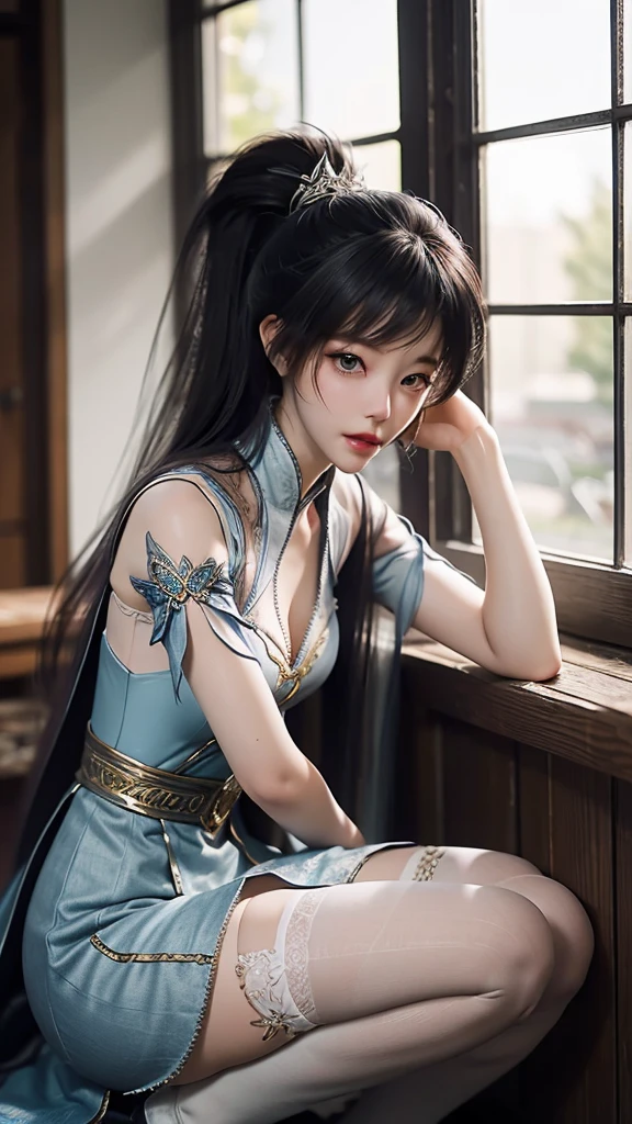 1Blittle girl,Long dark gray hair that reaches the waist,Sad face details,Gray-blue cheongsam,Long legs,skin is delicate,softlighting,Hold a knife in the neck,Explosive effect,Sit on a stone platform