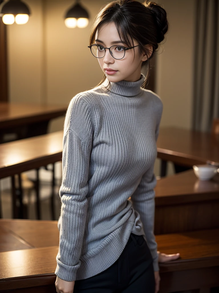 Detailed face, small breasts, waist constriction, short hair, slender, detail face, waist constriction, short hair, glasses, Japan person, no makeup, small, small breasts, thin glasses, thick lips, smile