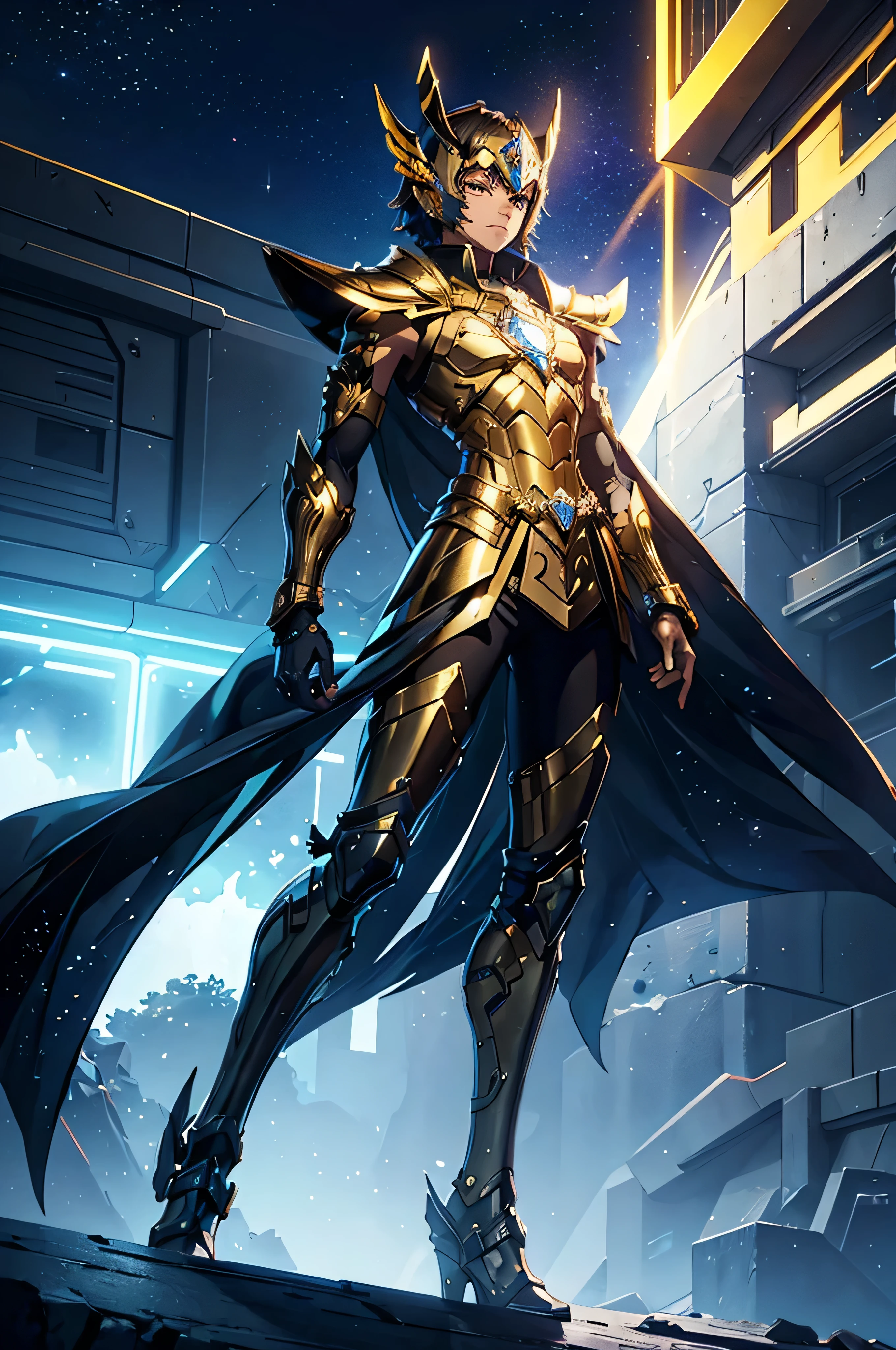 It's a man. The image presents a highly detailed and futuristic armor designed for a male warrior. The armor combines elements from different parts to create a cohesive and powerful look. Helmet: The helmet features a sleek, aerodynamic design with a golden metallic finish. It has a central crest that rises upwards, and the visor glows with a bright blue light, giving it a high-tech, futuristic appearance. Chest Plate and Upper Extension: The chest plate is intricately segmented, with a combination of gold and dark metallic blue. It has a gem-like crystal in the center that emits a soft, mystical glow. The design is both protective and regal, with sharp, angular lines that add to the overall futuristic aesthetic. The chest plate extends upward into the shoulder region, creating a seamless, angular protection that covers the shoulders. This extension forms a cohesive, powerful transition from chest to shoulders, giving the armor a unified appearance without visible separation. Arm Guards: The arm guards are sleek and streamlined, with articulated golden and purple segments that offer flexibility and protection. Their design blends futuristic elements with classic elegance. Leg Armor: The legs are armored with segmented plates, primarily gold and purple. The boots are angular and sturdy, designed for strength and agility. The overall look of the leg armor is grounded yet sleek, completing the ensemble with a powerful stance. High Collar: The armor features a high collar that rises from the back and sides of the neck, tightly encircling the throat. This collar is seamlessly connected to the chest and upper extension, enhancing both the protective and aesthetic qualities of the armor. Background: The image is set against a dark cosmic backdrop, filled with distant stars and nebulae, reflecting off the polished surfaces of the armor. Dynamic lighting emphasizes key features like the glowing visor and chest gem, reinforcing the warrior's imposing, mystical presence.