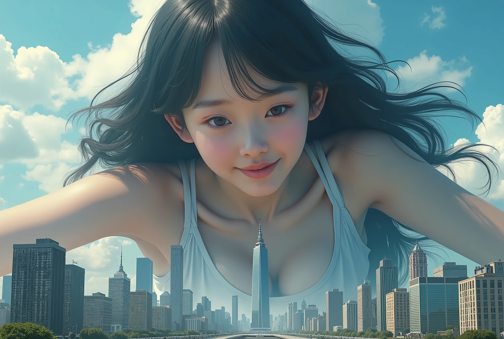 masterpiece, top quality, highest, 1 girl, asian, beautiful face, armpit hair, city