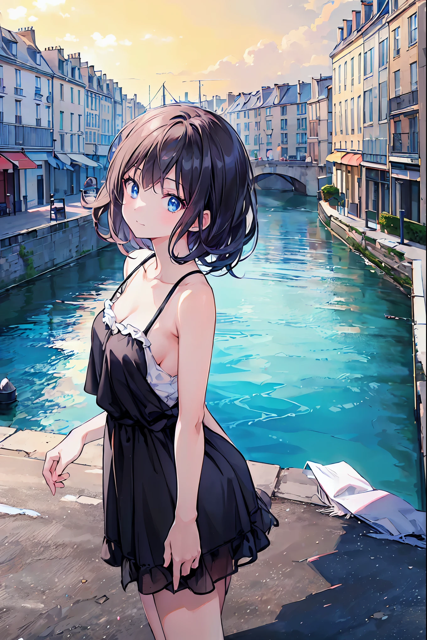 (superflat, flat shading, flat colors:1.1), (ruined city), multiple girls, (closeup), 18yo teen, slim, small breast, smile, tired, wading in water, white t-shirt, white panties,  (mini skirt:1.1), (bottom, from behind), view from below, (low angle), blue sky, bright sunlight, (flood:1.2), street under water, city ruins, watercolor, (topless:1.2)