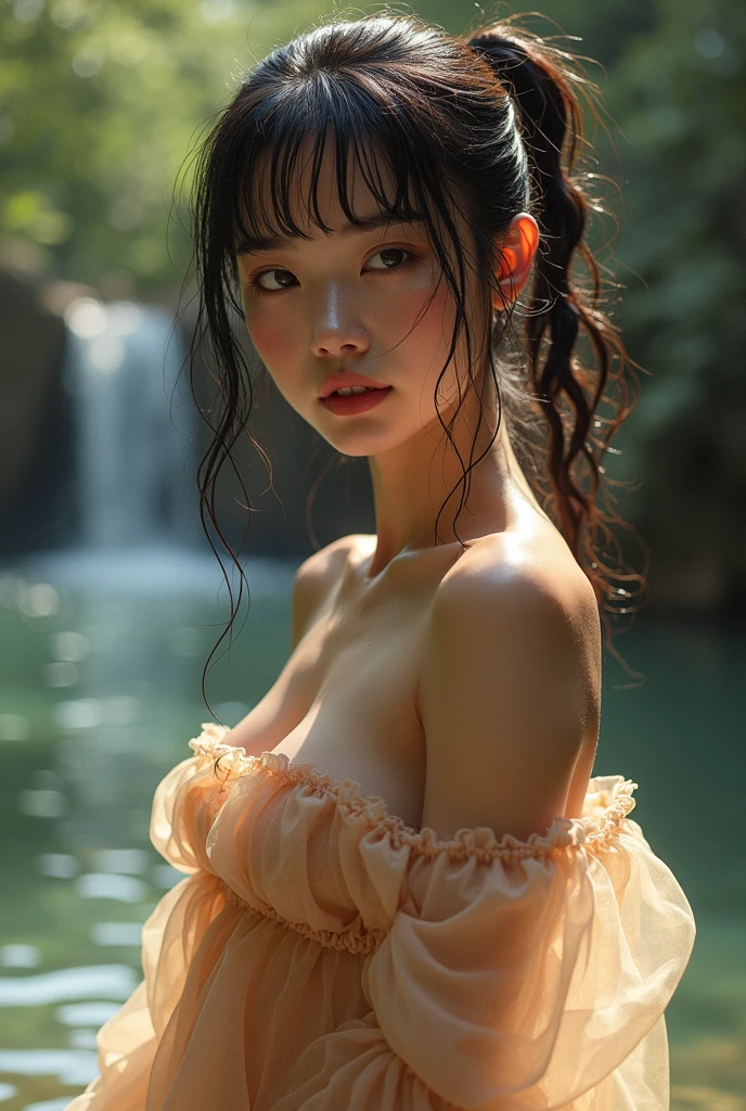 Aesthetic, dramatic, artistic, unique, Photorealistic, (close-up:1.3, exposed face), wide angle, (seen from below:1.2), in frame, a japanese young woman, ((undressed:1.2), exposed breast:1.3, geisha likeness:1.3), a hyperrealistic beautiful young girls with blue eyes, (natural droopy breast, it's sagging and soft) di high detailed official artwork, beautiful girls with ((slim body:1.2), (busty posture:1.2))), attractive young woman, (atractive poses:1.3), ((deep soaking:1.2), in the clear water on the (river:1.2), surrounded by waterfall, natural background, dubnitskiy david fanart, realistic portrait, smooth photorealistic, perfect visual of a cute girls, cute girls with skinice soft face, face focus, blond hair with white tips,  makoto shinkai and artgerm, photon mapping, natural light, warm color tones, vivid colors, cool ambient, foggy atmosphere