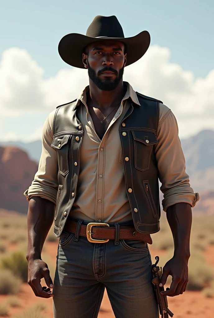 An African cowboy in a dusty saloon, a revolver in one hand and a glass of whiskey in the other. drawing illustration --auto