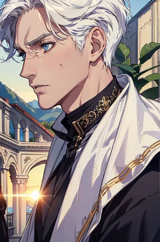 ((masterpiece:1.2, Best quality)), 4k, adult, European face, 1 person, male, , masculine, Beautiful, tall, dark casual wear, White skin, white hair, blue eyes s, portrait, sunset, man, adult man
